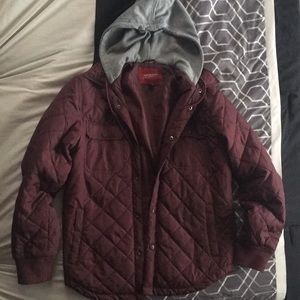 Maroon jacket with grey hood